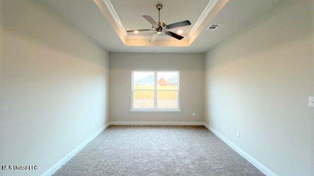 unfurnished room featuring light carpet, baseboards, a raised ceiling, and a ceiling fan