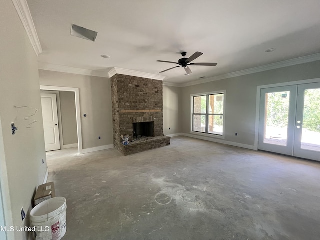 368 Magnolia Cir, Sarah, MS 38665 - unfurnished living room with a fireplace, a ceiling fan, unfinished concrete floors, french doors, and baseboards
