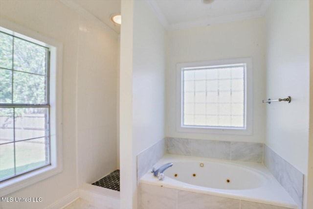 bathroom with tiled tub, crown molding, and plenty of natural light