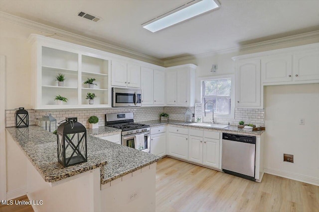 kitchen with white cabinets, sink, kitchen peninsula, and appliances with stainless steel finishes