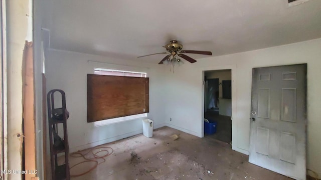 interior space with ceiling fan and concrete floors