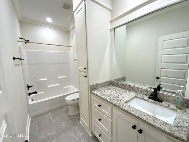 182 Sweetbriar Cir, Canton, MS 39046 - bathroom with toilet, vanity, crown molding, shower / bathtub combination, and marble finish floors