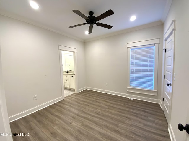 182 Sweetbriar Cir, Canton, MS 39046 - empty room with ceiling fan, ornamental molding, recessed lighting, dark wood-style flooring, and baseboards