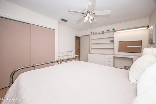 bedroom with ceiling fan and a closet