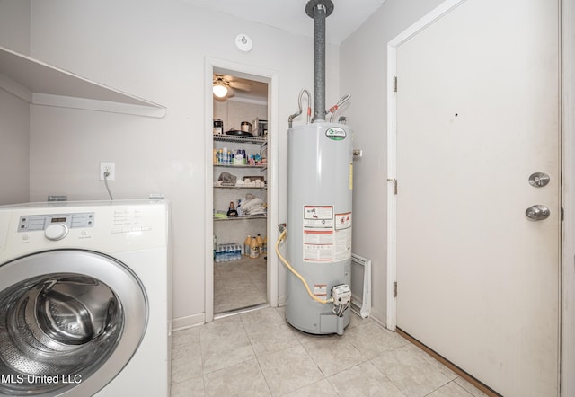 laundry room featuring light tile patterned floors, washer / clothes dryer, ceiling fan, and water heater