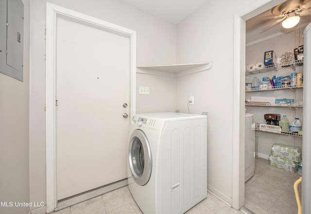 laundry room with washer / clothes dryer, ceiling fan, electric panel, and light tile patterned floors