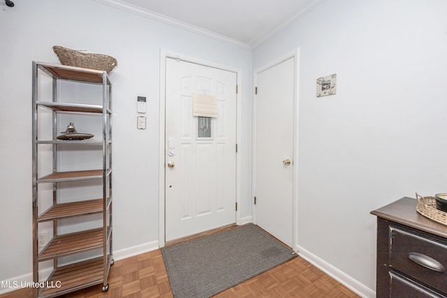 entryway featuring parquet flooring and crown molding