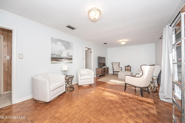 living area with parquet floors