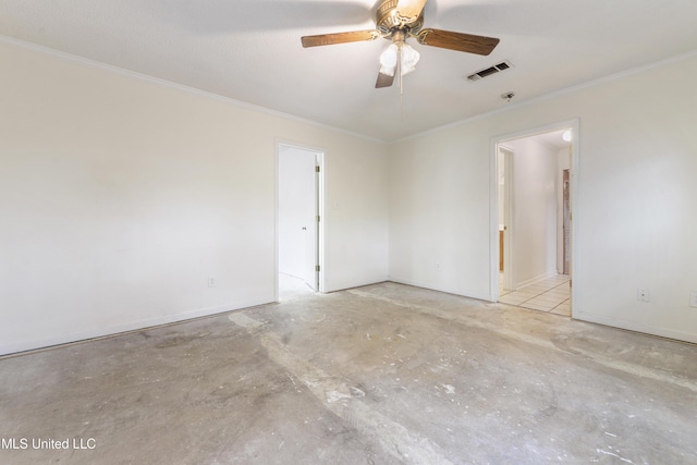 43 Greenbriar Dr, Gulfport, MS 39507 - empty room featuring a ceiling fan, visible vents, unfinished concrete floors, and crown molding