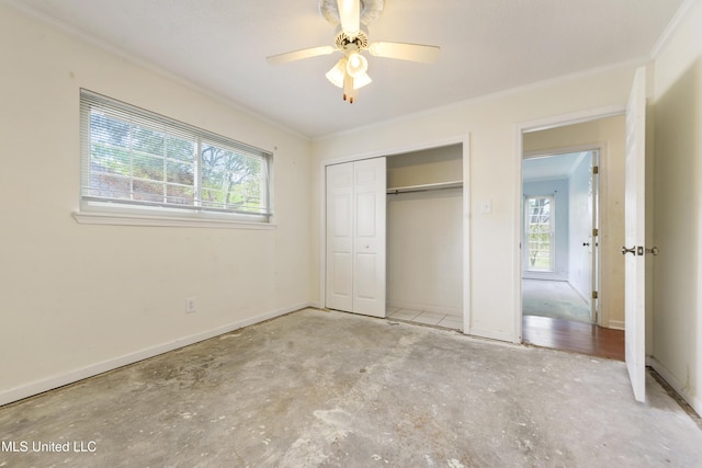 43 Greenbriar Dr, Gulfport, MS 39507 - unfurnished bedroom featuring baseboards, unfinished concrete flooring, a closet, and ornamental molding