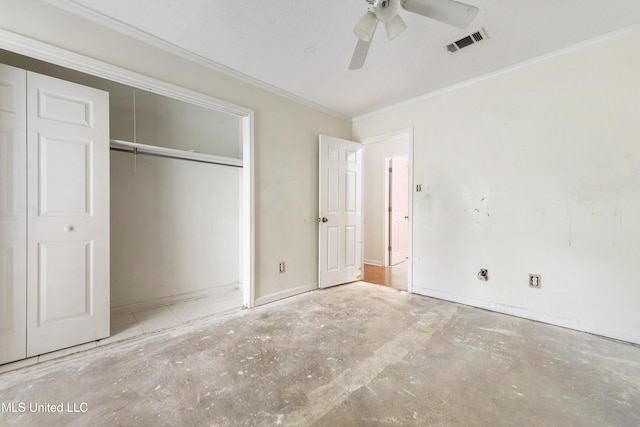 43 Greenbriar Dr, Gulfport, MS 39507 - unfurnished bedroom with a closet, visible vents, crown molding, ceiling fan, and unfinished concrete floors
