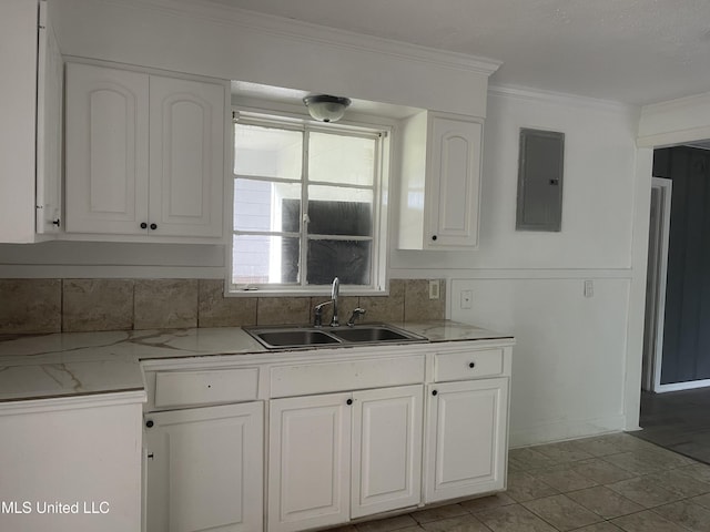 2938 Oak Forest Dr, Jackson, MS 39212 - kitchen featuring electric panel, white cabinetry, tasteful backsplash, and ornamental molding