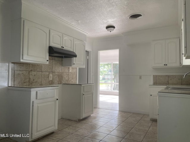 2938 Oak Forest Dr, Jackson, MS 39212 - kitchen featuring under cabinet range hood, backsplash, white cabinetry, a textured ceiling, and light tile patterned floors