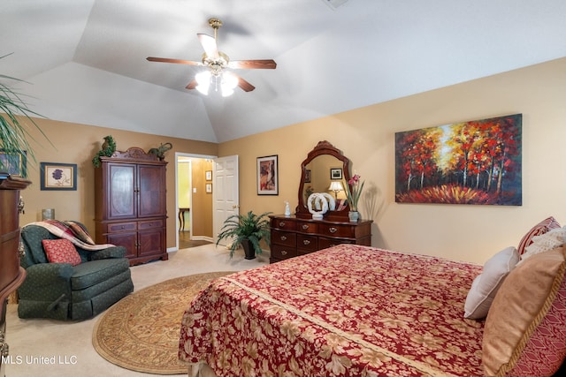 bedroom with vaulted ceiling, light carpet, and ceiling fan