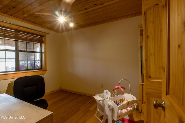 office with wood ceiling, ceiling fan, and hardwood / wood-style floors