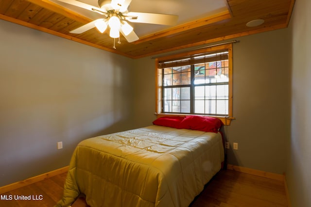 bedroom featuring wood-type flooring and wooden ceiling