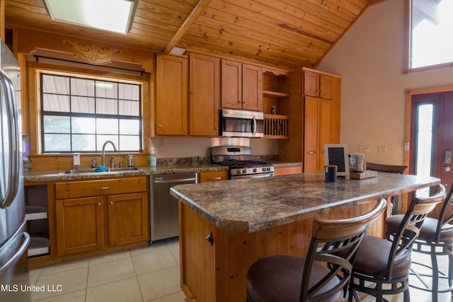 kitchen featuring appliances with stainless steel finishes, a breakfast bar, sink, and wooden ceiling