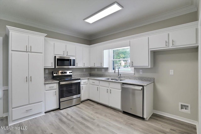 kitchen with light hardwood / wood-style flooring, white cabinets, stainless steel appliances, and sink