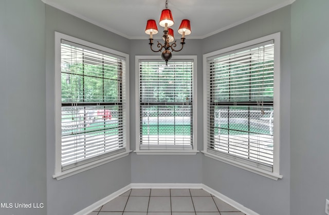 unfurnished dining area featuring tile patterned floors, a chandelier, and crown molding