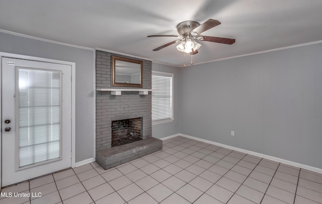 unfurnished living room featuring crown molding, ceiling fan, a brick fireplace, and plenty of natural light
