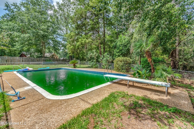 view of swimming pool featuring a diving board