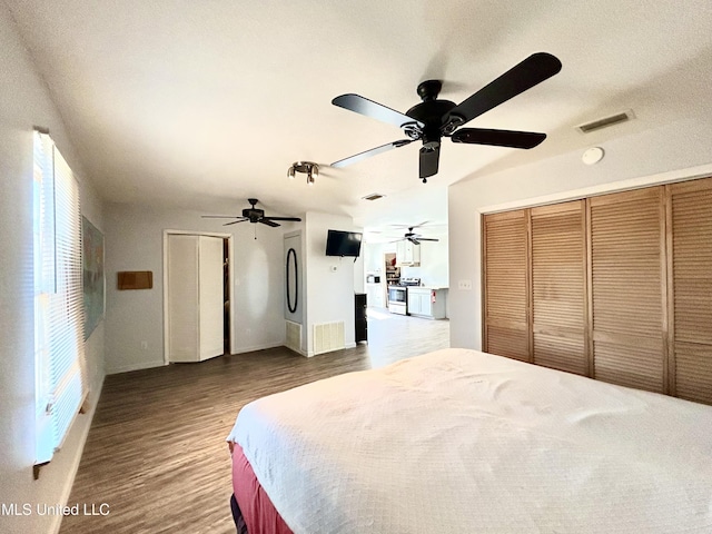 bedroom featuring ceiling fan, wood-type flooring, and a closet