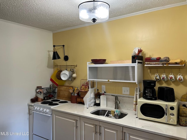 206 Lakeside Villa Unit A, Diamondhead, MS 39525 - kitchen with white electric stove, a sink, a textured ceiling, crown molding, and open shelves