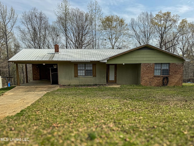 1172 Little Creek Dr, Oakland, MS 38948 - ranch-style house with a front yard, concrete driveway, a chimney, metal roof, and a carport