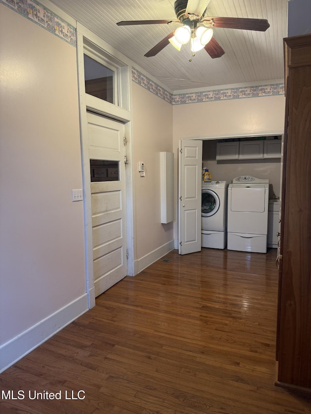 5 Spruce St, Oakland, MS 38948 - washroom featuring ceiling fan, laundry area, dark wood-style flooring, and washing machine and clothes dryer