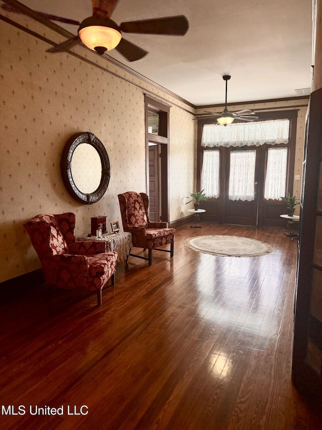 5 Spruce St, Oakland, MS 38948 - entryway with wallpapered walls, hardwood / wood-style flooring, crown molding, and a ceiling fan