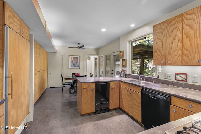 kitchen featuring black dishwasher, kitchen peninsula, sink, concrete flooring, and ceiling fan