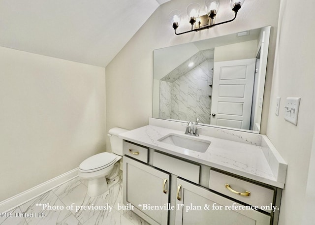 6674 Montclair Ave, Southaven, MS 38672 - bathroom with vanity, baseboards, vaulted ceiling, toilet, and marble finish floor