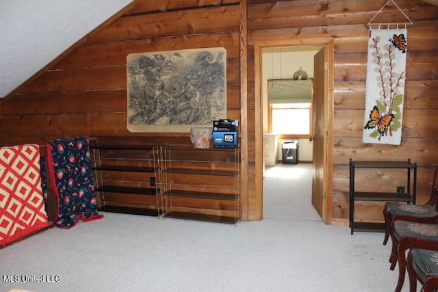 interior space featuring wooden walls and carpet