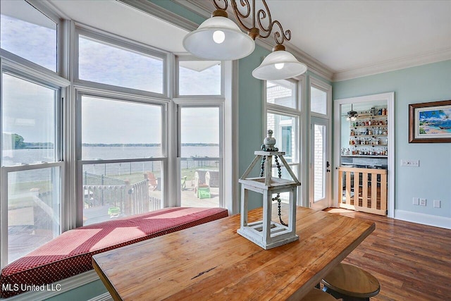 dining area featuring a wealth of natural light, a water view, and hardwood / wood-style flooring