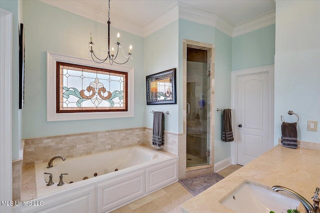 bathroom with vanity, separate shower and tub, crown molding, and an inviting chandelier