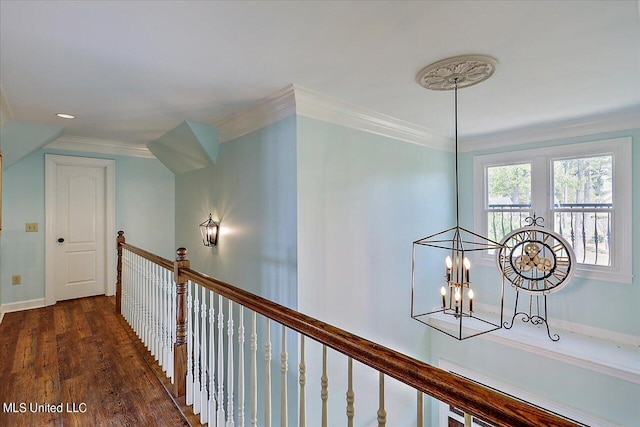 corridor featuring ornamental molding, a chandelier, and dark hardwood / wood-style flooring