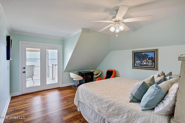 bedroom featuring wood-type flooring, access to exterior, ceiling fan, vaulted ceiling, and ornamental molding