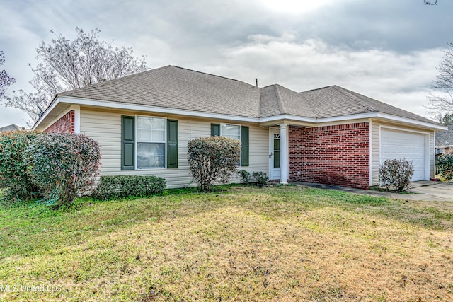 ranch-style home with a garage and a front lawn