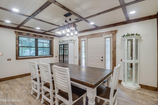 dining area with beamed ceiling, light hardwood / wood-style flooring, a chandelier, and coffered ceiling