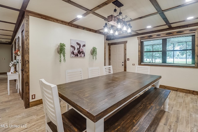 dining room with coffered ceiling, a notable chandelier, and light hardwood / wood-style floors