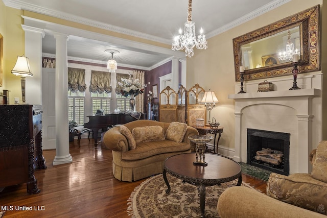 315 N St, Lexington, MS 39095 - living area with crown molding, a fireplace with flush hearth, ornate columns, and wood finished floors