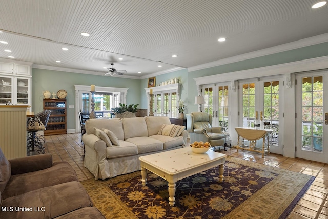 315 N St, Lexington, MS 39095 - living room featuring french doors, recessed lighting, light tile patterned floors, ornamental molding, and ceiling fan