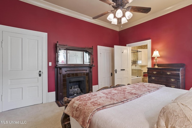 315 N St, Lexington, MS 39095 - carpeted bedroom featuring crown molding, ensuite bath, a fireplace, and a ceiling fan