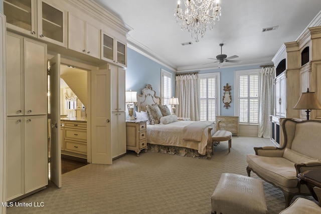 315 N St, Lexington, MS 39095 - bedroom with light colored carpet, visible vents, ornamental molding, and a notable chandelier