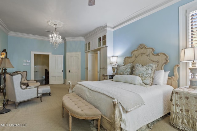 315 N St, Lexington, MS 39095 - bedroom with light colored carpet, crown molding, and a notable chandelier