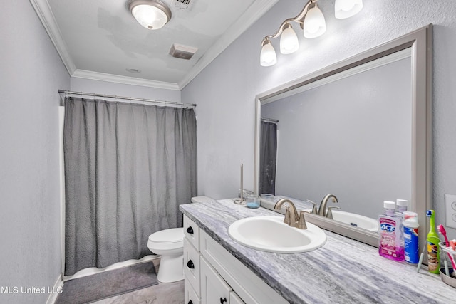 bathroom featuring toilet, vanity, a shower with curtain, and ornamental molding