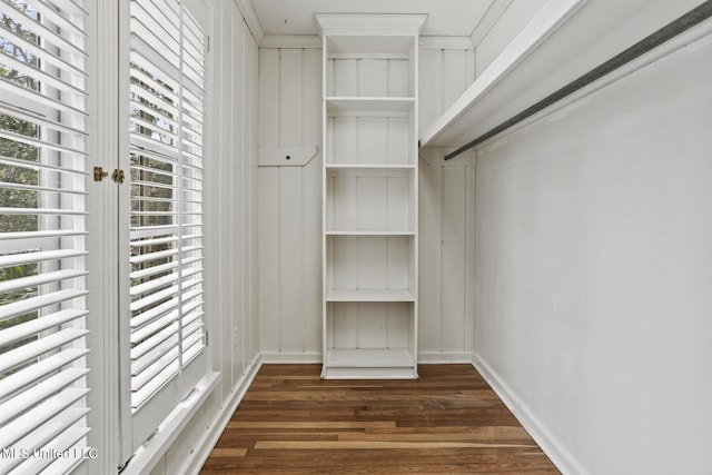 spacious closet with dark wood-style floors