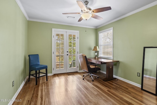 office with crown molding, baseboards, wood finished floors, and french doors