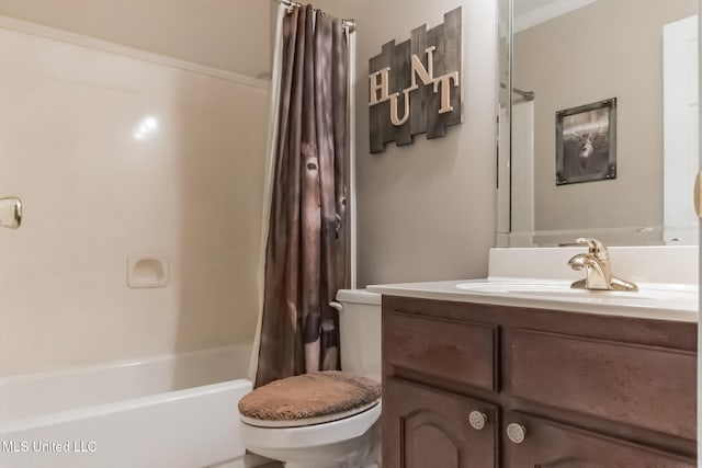 full bathroom featuring toilet, shower / bath combo, vanity, and ornamental molding