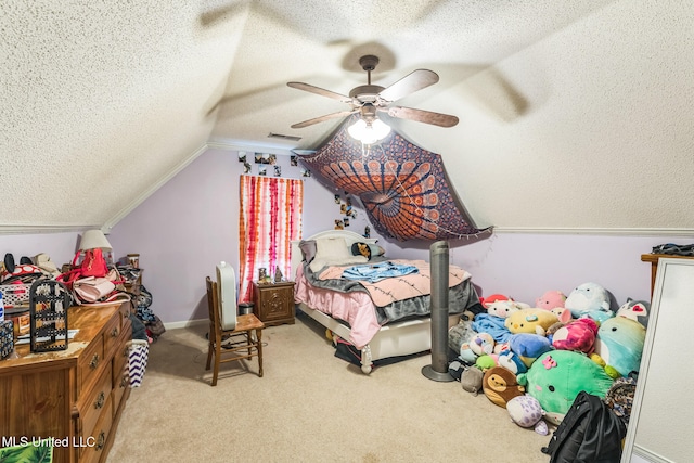 bedroom featuring ceiling fan, a textured ceiling, lofted ceiling, and light colored carpet